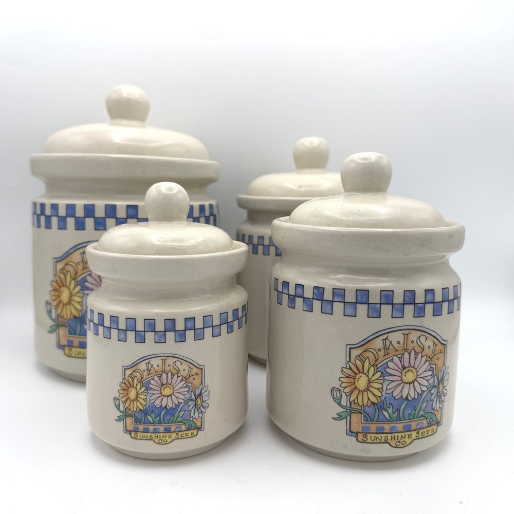 Vtg Sunshine Seed Co Daisy Canister Set 4 Pc Beige Blue Floral Farmhouse Decor